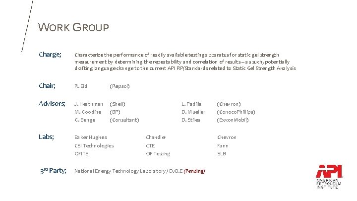 WORK GROUP Charge; Characterize the performance of readily available testing apparatus for static gel WORK GROUP Charge; Characterize the performance of readily available testing apparatus for static gel