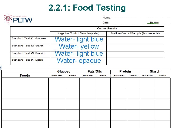 2. 2. 1: Food Testing Water- light blue Water- yellow Water- light blue Water-