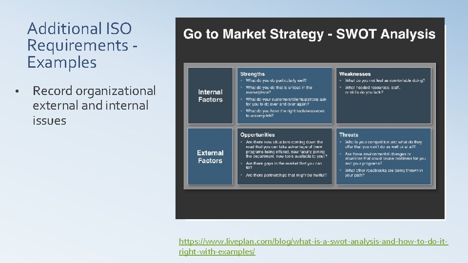 Additional ISO Requirements ‐ Examples • Record organizational external and internal issues https: //www.