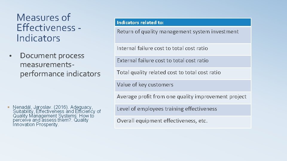 Measures of Effectiveness ‐ Indicators • Document process measurements‐ performance indicators Indicators related to: