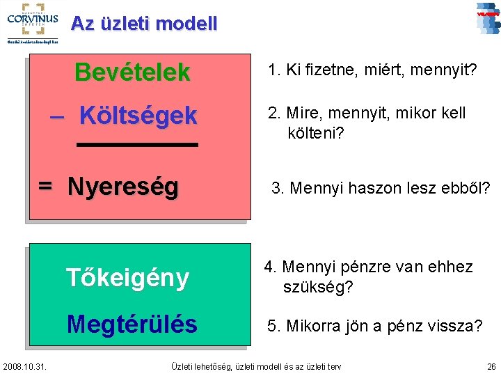 Az üzleti modell Bevételek – Költségek = Nyereség 2008. 10. 31. 1. Ki fizetne,