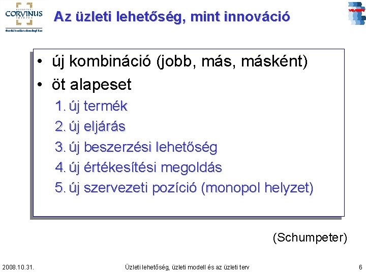 Az üzleti lehetőség, mint innováció • új kombináció (jobb, másként) • öt alapeset 1.