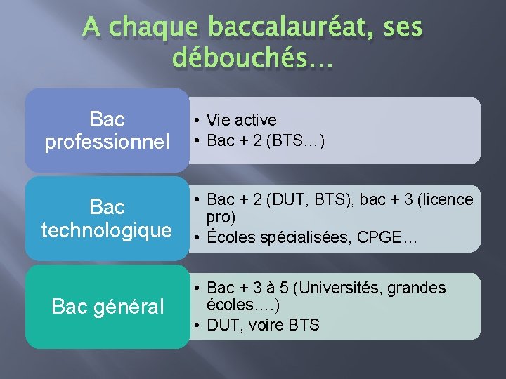 A chaque baccalauréat, ses débouchés… Bac professionnel • Vie active • Bac + 2