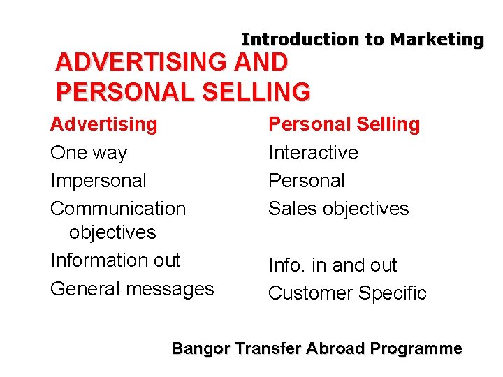 Introduction to Marketing ADVERTISING AND PERSONAL SELLING Advertising One way Impersonal Communication objectives Information