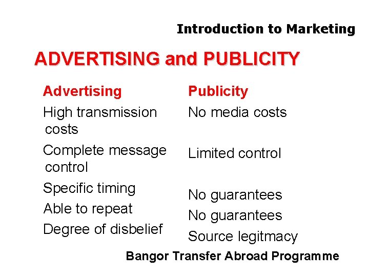 Introduction to Marketing ADVERTISING and PUBLICITY Advertising High transmission costs Complete message control Specific