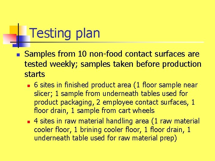 Testing plan n Samples from 10 non-food contact surfaces are tested weekly; samples taken