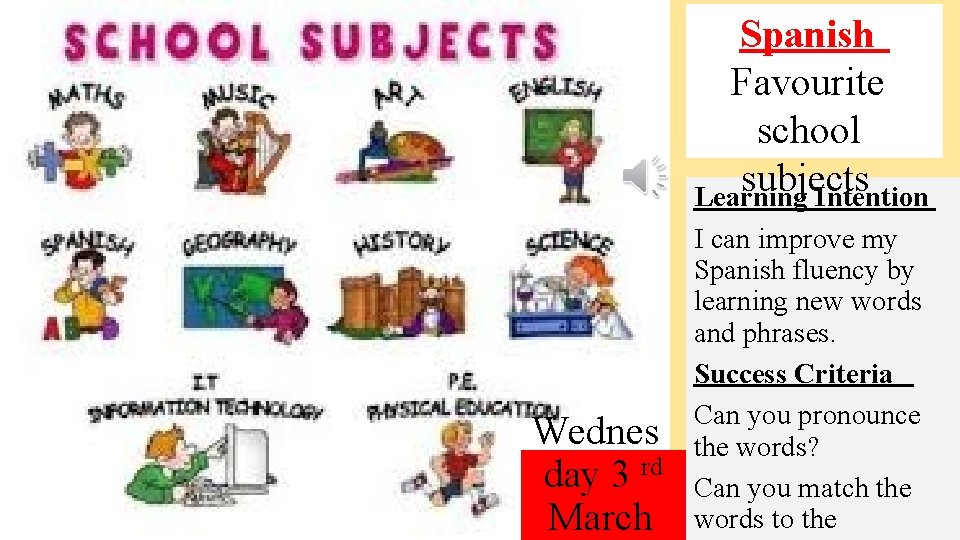 Spanish Favourite school subjects Learning Intention Wednes day 3 rd March I can improve