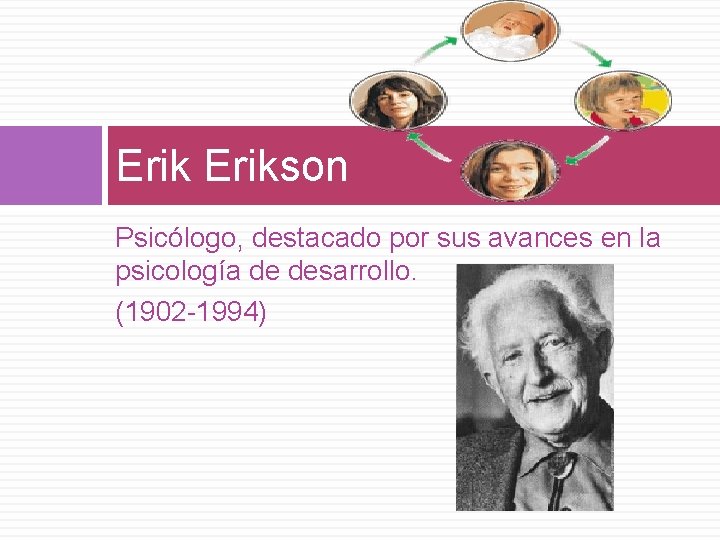 Erikson Psicólogo, destacado por sus avances en la psicología de desarrollo. (1902 -1994) 