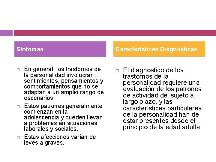 Síntomas En general, los trastornos de la personalidad involucran sentimientos, pensamientos y comportamientos que