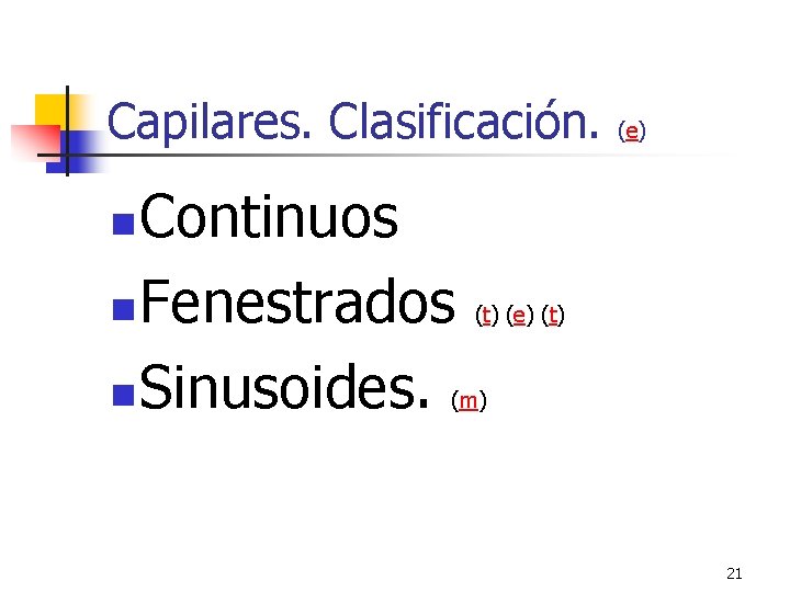 Capilares. Clasificación. Continuos n Fenestrados n Sinusoides. (e) n (t) (e) (t) (m) 21 Capilares. Clasificación. Continuos n Fenestrados n Sinusoides. (e) n (t) (e) (t) (m) 21