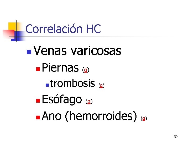 Correlación HC n Venas varicosas n Piernas n (g) trombosis (g) Esófago (g) n Correlación HC n Venas varicosas n Piernas n (g) trombosis (g) Esófago (g) n