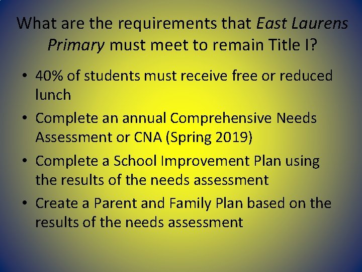 What are the requirements that East Laurens Primary must meet to remain Title I? What are the requirements that East Laurens Primary must meet to remain Title I?
