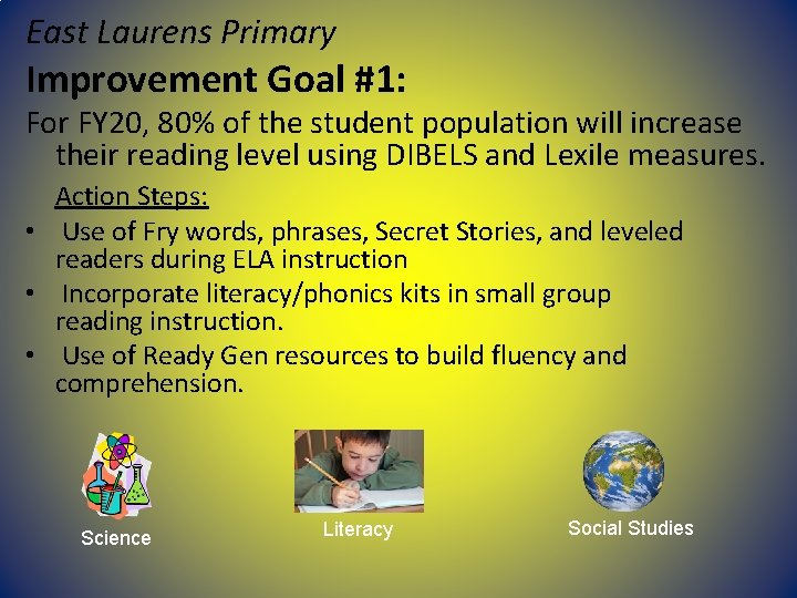 East Laurens Primary Improvement Goal #1: For FY 20, 80% of the student population East Laurens Primary Improvement Goal #1: For FY 20, 80% of the student population
