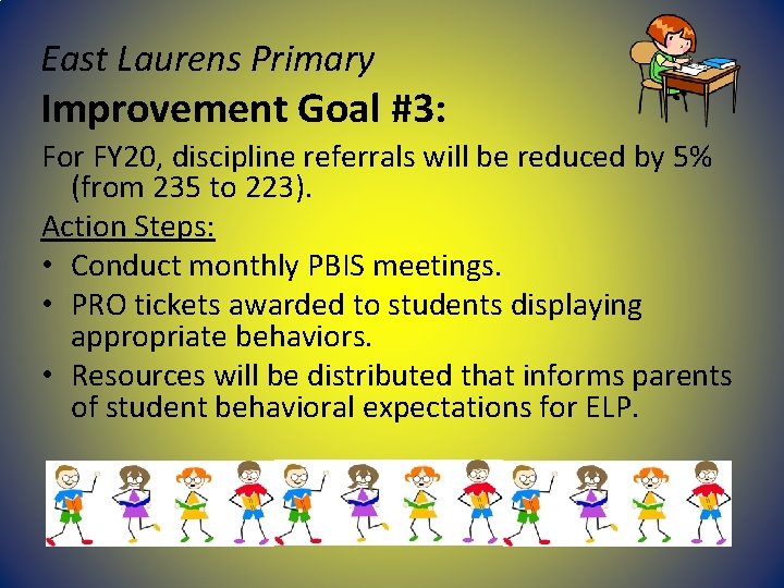 East Laurens Primary Improvement Goal #3: For FY 20, discipline referrals will be reduced East Laurens Primary Improvement Goal #3: For FY 20, discipline referrals will be reduced