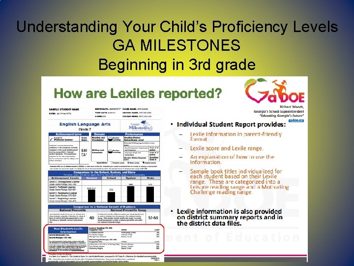 Understanding Your Child’s Proficiency Levels GA MILESTONES Beginning in 3 rd grade Understanding Your Child’s Proficiency Levels GA MILESTONES Beginning in 3 rd grade