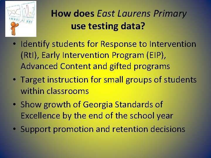 How does East Laurens Primary use testing data? • Identify students for Response to How does East Laurens Primary use testing data? • Identify students for Response to