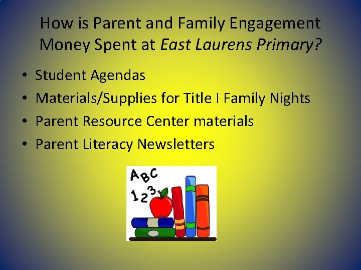 How is Parent and Family Engagement Money Spent at East Laurens Primary? • • How is Parent and Family Engagement Money Spent at East Laurens Primary? • •