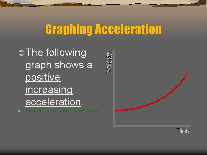 Graphing Acceleration Ü The following graph shows a positive increasing acceleration. Ü www. stvincent.