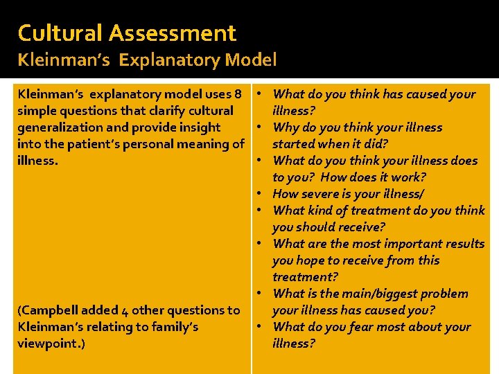 Cultural Assessment Kleinman’s Explanatory Model Kleinman’s explanatory model uses 8 • What do you