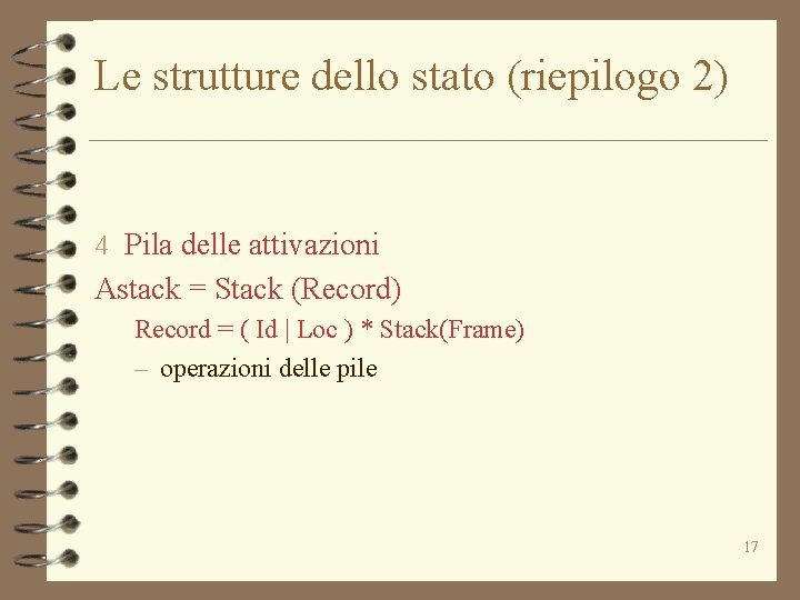 Le strutture dello stato (riepilogo 2) 4 Pila delle attivazioni Astack = Stack (Record)
