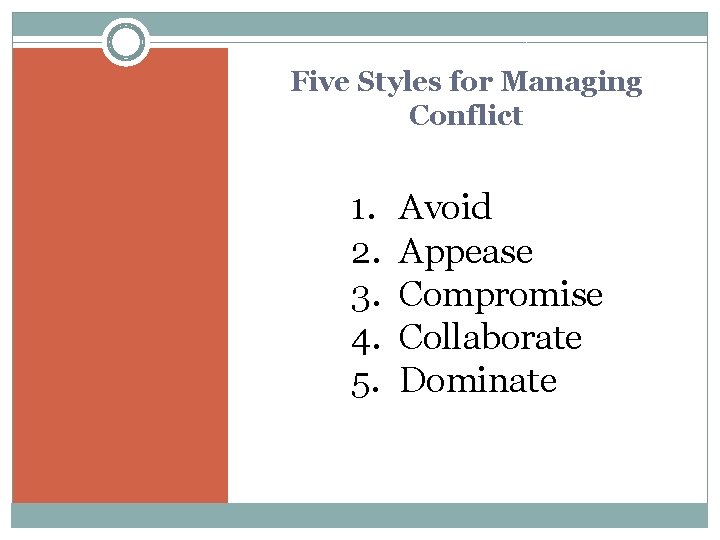 Five Styles for Managing Conflict 1. 2. 3. 4. 5. Avoid Appease Compromise Collaborate