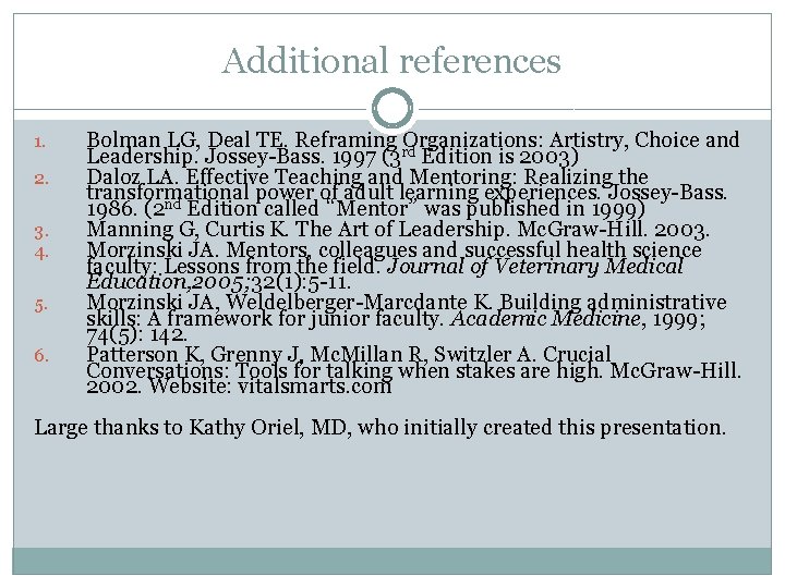 Additional references 1. 2. 3. 4. 5. 6. Bolman LG, Deal TE. Reframing rd