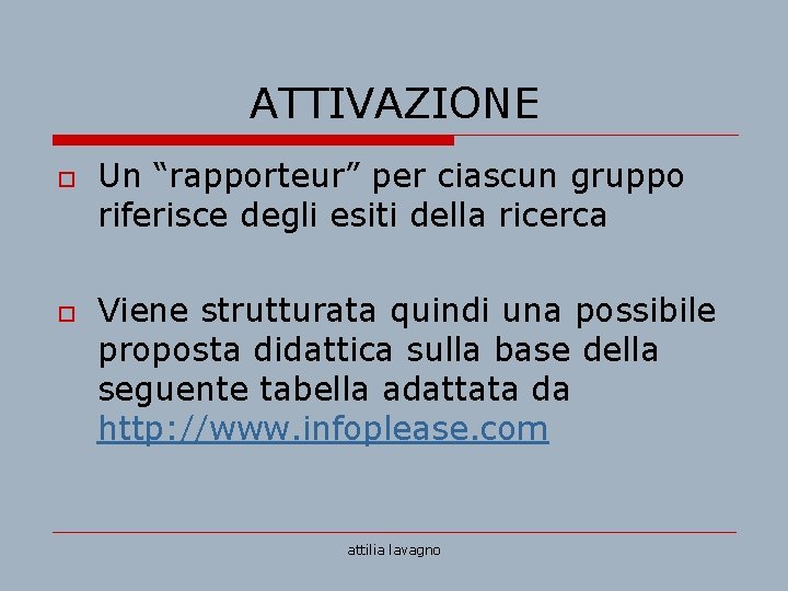 ATTIVAZIONE o o Un “rapporteur” per ciascun gruppo riferisce degli esiti della ricerca Viene