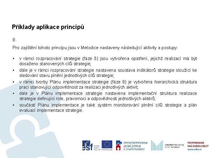 Příklady aplikace principů 8. Pro zajištění tohoto principu jsou v Metodice nastaveny následující aktivity