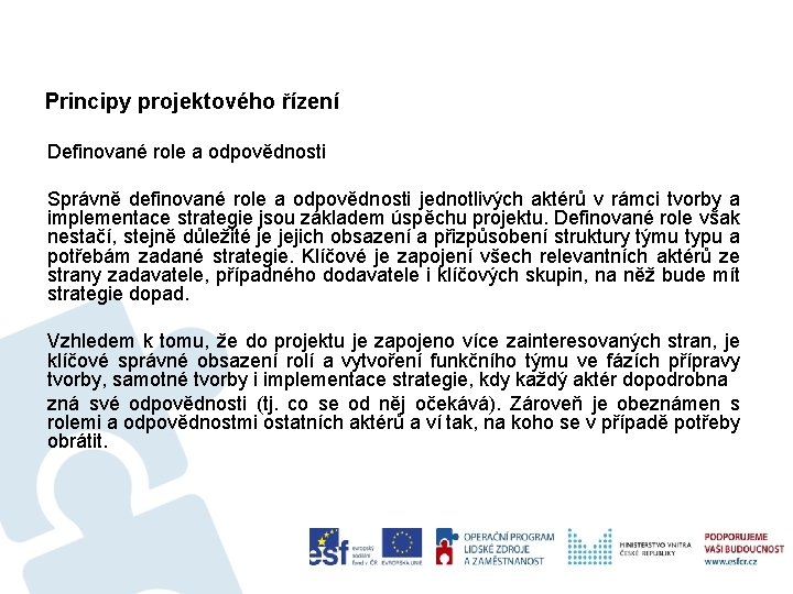 Principy projektového řízení Definované role a odpovědnosti Správně definované role a odpovědnosti jednotlivých aktérů