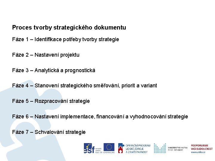 Proces tvorby strategického dokumentu Fáze 1 – Identifikace potřeby tvorby strategie Fáze 2 –