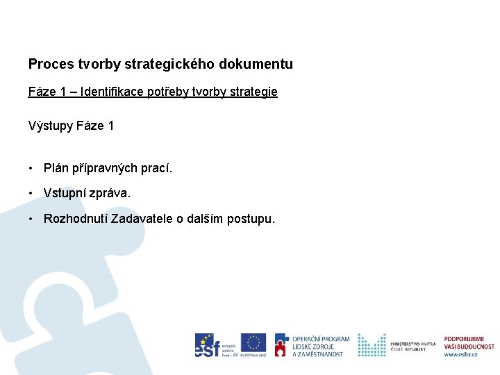 Proces tvorby strategického dokumentu Fáze 1 – Identifikace potřeby tvorby strategie Výstupy Fáze 1