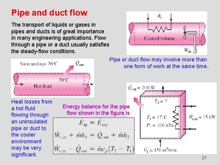 Pipe and duct flow The transport of liquids or gases in pipes and ducts