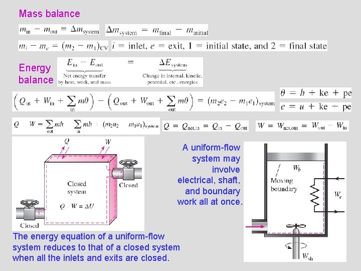 Mass balance Energy balance A uniform-flow system may involve electrical, shaft, and boundary work