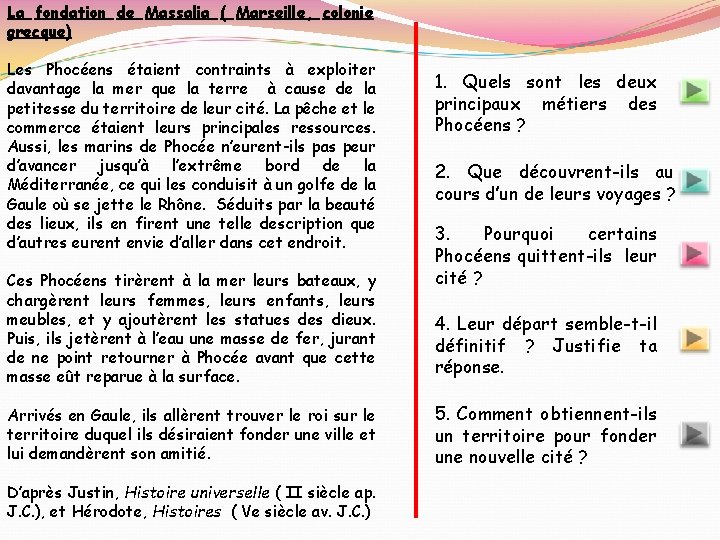 La fondation de Massalia ( Marseille, colonie grecque) Les Phocéens étaient contraints à exploiter