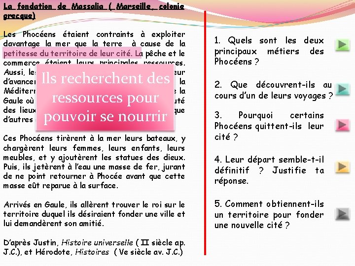 La fondation de Massalia ( Marseille, colonie grecque) Les Phocéens étaient contraints à exploiter