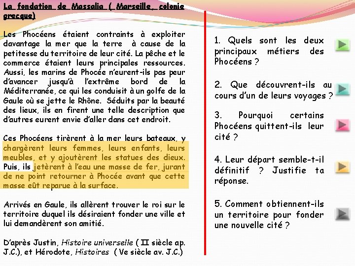 La fondation de Massalia ( Marseille, colonie grecque) Les Phocéens étaient contraints à exploiter