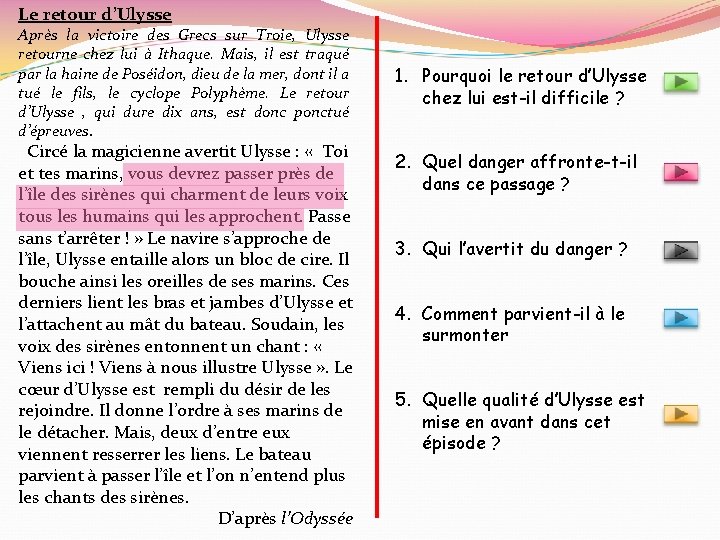 Le retour d’Ulysse Après la victoire des Grecs sur Troie, Ulysse retourne chez lui