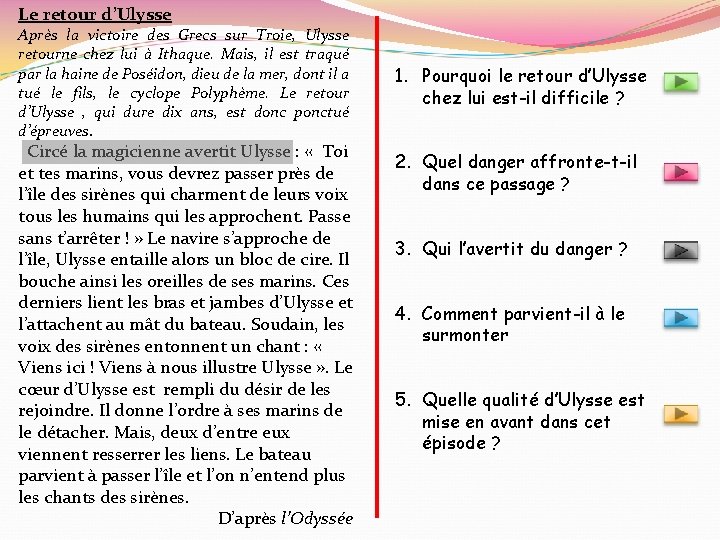 Le retour d’Ulysse Après la victoire des Grecs sur Troie, Ulysse retourne chez lui