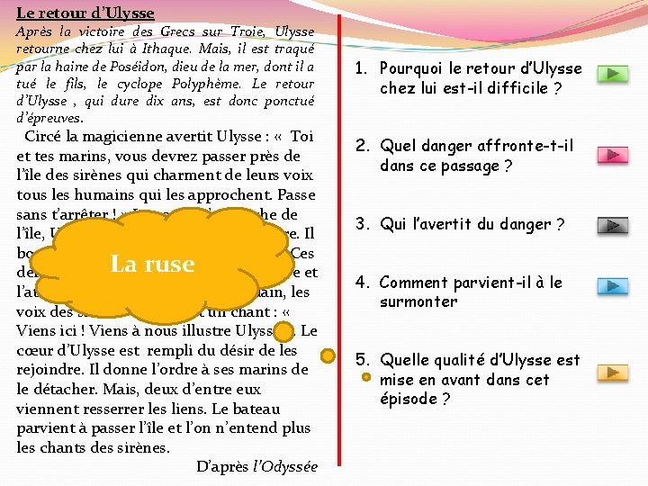 Le retour d’Ulysse Après la victoire des Grecs sur Troie, Ulysse retourne chez lui