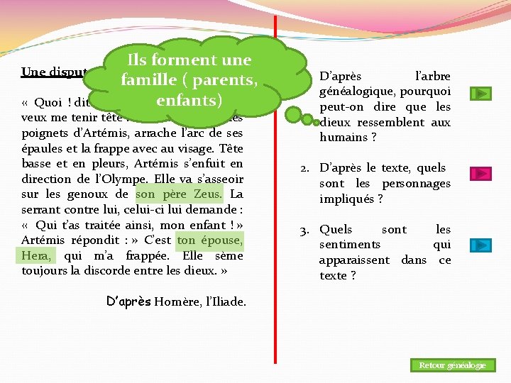 Ils forment une Une dispute entre dieux famille ( parents, enfants) « Quoi !