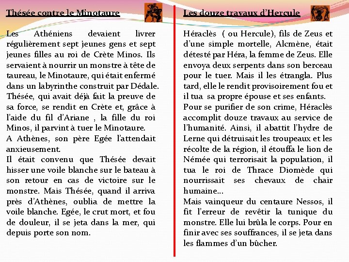 Thésée contre le Minotaure Les douze travaux d’Hercule Les Athéniens devaient livrer régulièrement sept