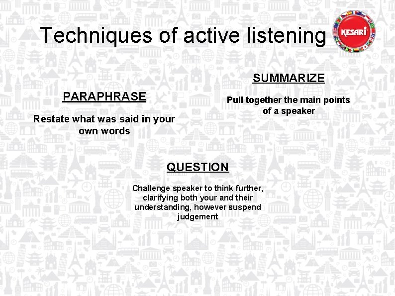 Techniques of active listening SUMMARIZE PARAPHRASE Restate what was said in your own words