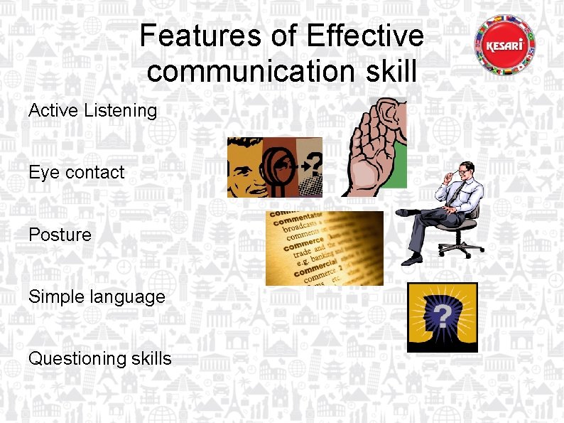 Features of Effective communication skill Active Listening Eye contact Posture Simple language Questioning skills