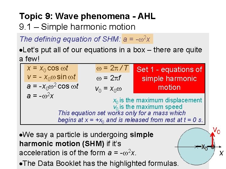 Topic 9: Wave phenomena - AHL 9. 1 – Simple harmonic motion The defining