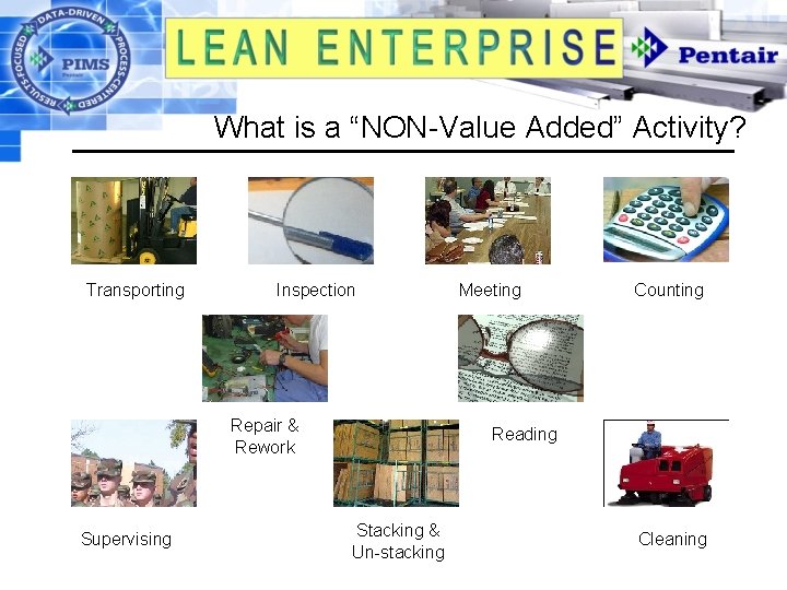 What is a “NON-Value Added” Activity? Transporting Inspection Repair & Rework Supervising Meeting Counting