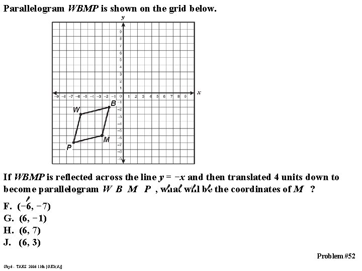 Parallelogram WBMP is shown on the grid below. If WBMP is reflected across the