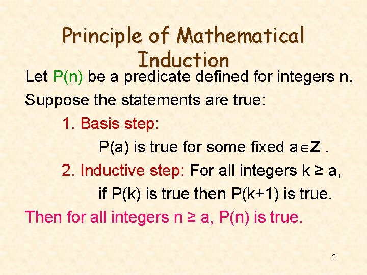 Principle of Mathematical Induction Let P(n) be a predicate defined for integers n. Suppose