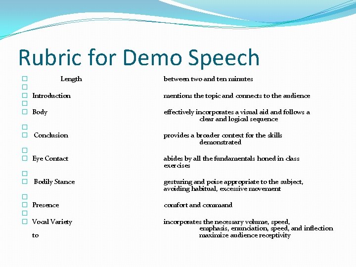 Rubric for Demo Speech � Length � � Introduction � � Body � �