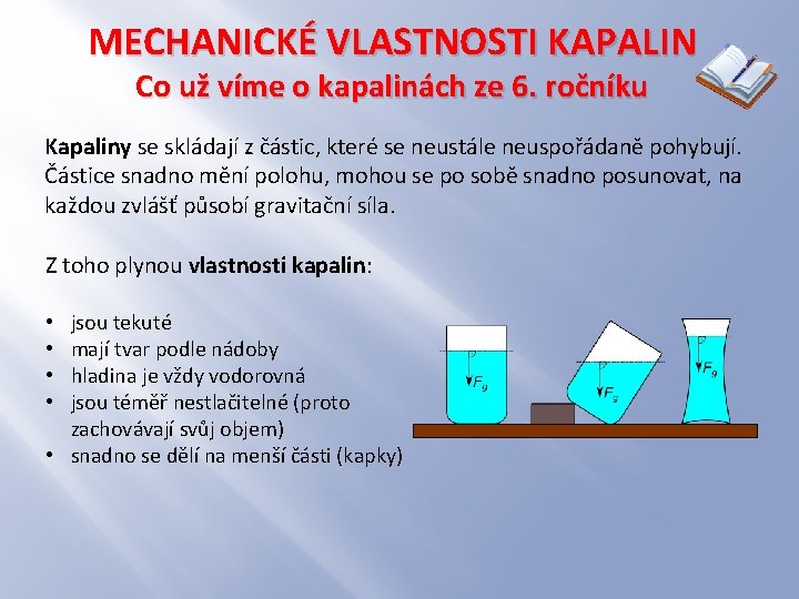 MECHANICKÉ VLASTNOSTI KAPALIN Co už víme o kapalinách ze 6. ročníku Kapaliny se skládají