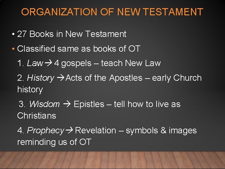 ORGANIZATION OF NEW TESTAMENT • 27 Books in New Testament • Classified same as